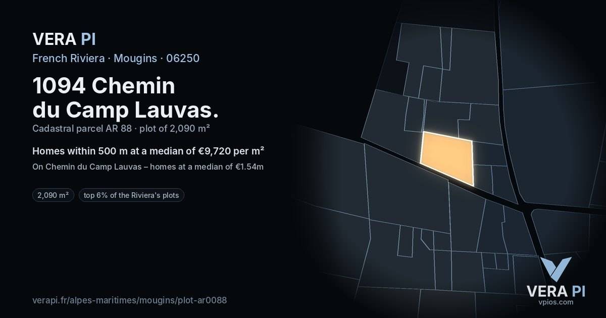 1094 Chemin du Camp Lauvas, Mougins at night – the plot lit, the parcels around coloured by the prices near them