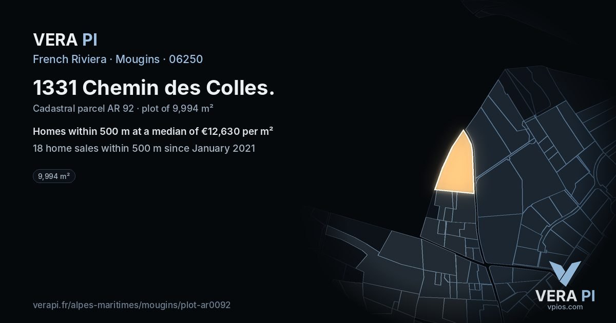 1331 Chemin des Colles, Mougins at night – the plot lit, the parcels around coloured by the prices near them