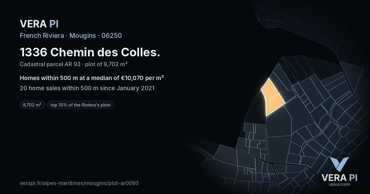 1336 Chemin des Colles, Mougins at night – the plot lit, the parcels around coloured by the prices near them