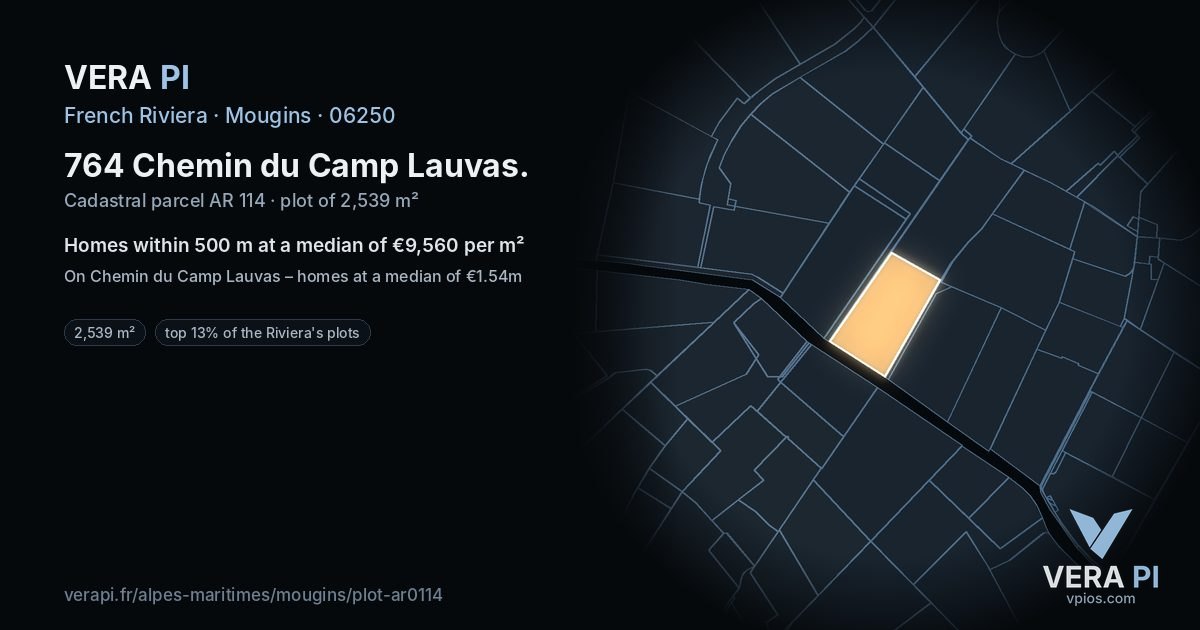 764 Chemin du Camp Lauvas, Mougins at night – the plot lit, the parcels around coloured by the prices near them