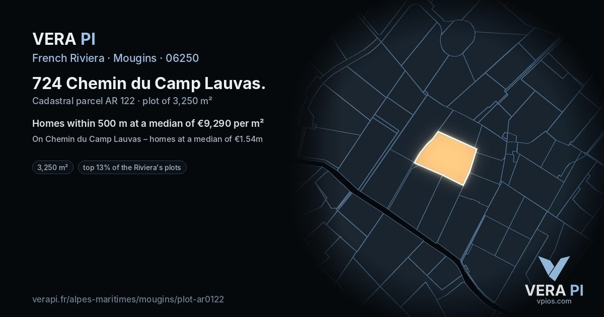 724 Chemin du Camp Lauvas, Mougins at night – the plot lit, the parcels around coloured by the prices near them