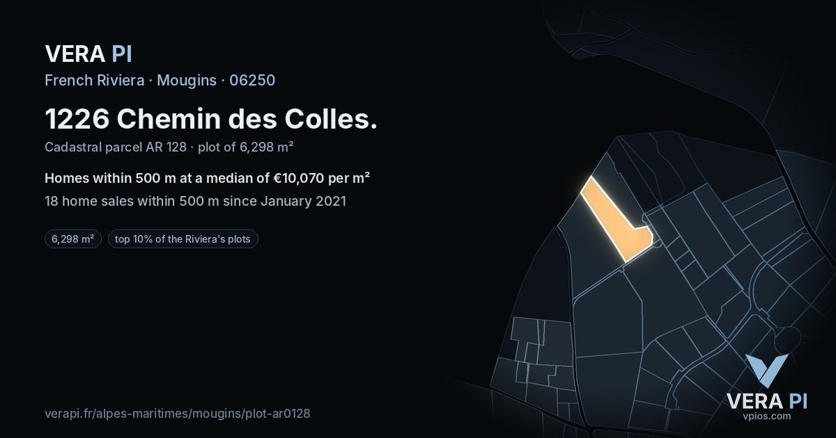 1226 Chemin des Colles, Mougins at night – the plot lit, the parcels around coloured by the prices near them