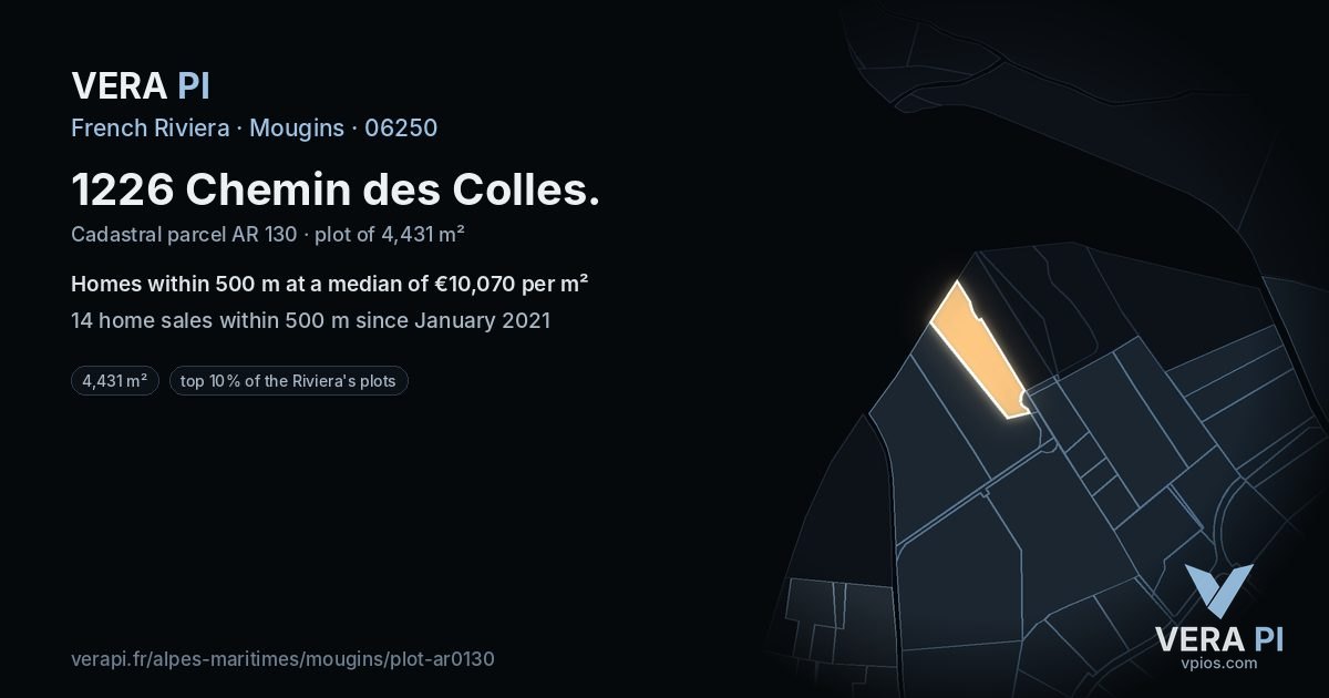 1226 Chemin des Colles, Mougins at night – the plot lit, the parcels around coloured by the prices near them