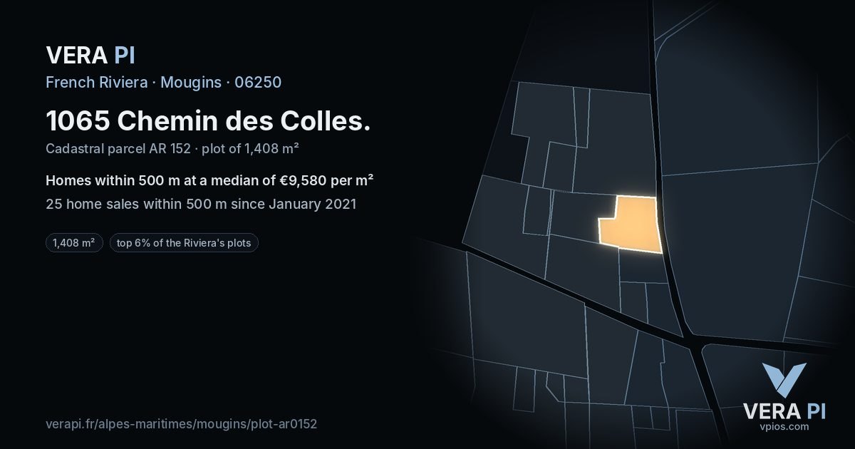1065 Chemin des Colles, Mougins at night – the plot lit, the parcels around coloured by the prices near them