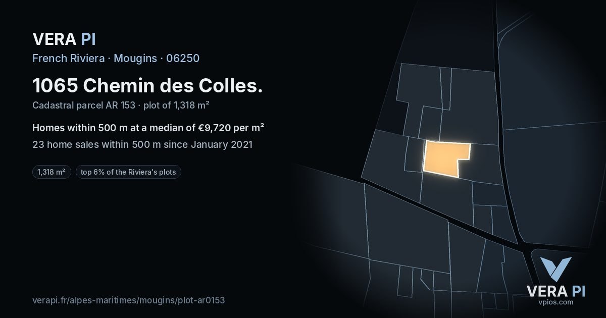 1065 Chemin des Colles, Mougins at night – the plot lit, the parcels around coloured by the prices near them