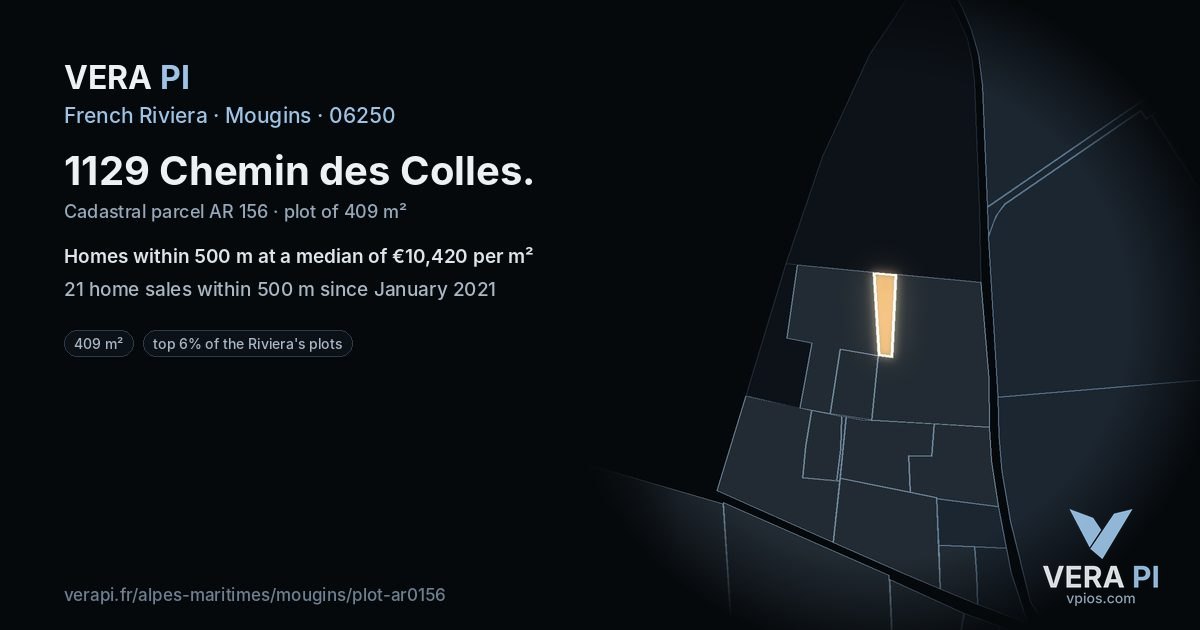1129 Chemin des Colles, Mougins at night – the plot lit, the parcels around coloured by the prices near them
