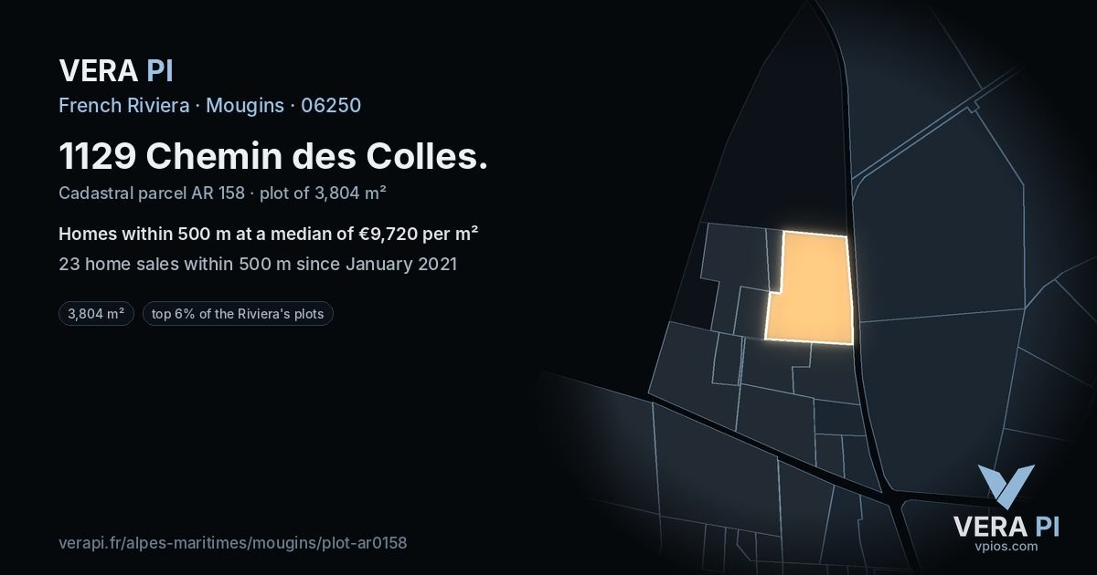 1129 Chemin des Colles, Mougins at night – the plot lit, the parcels around coloured by the prices near them