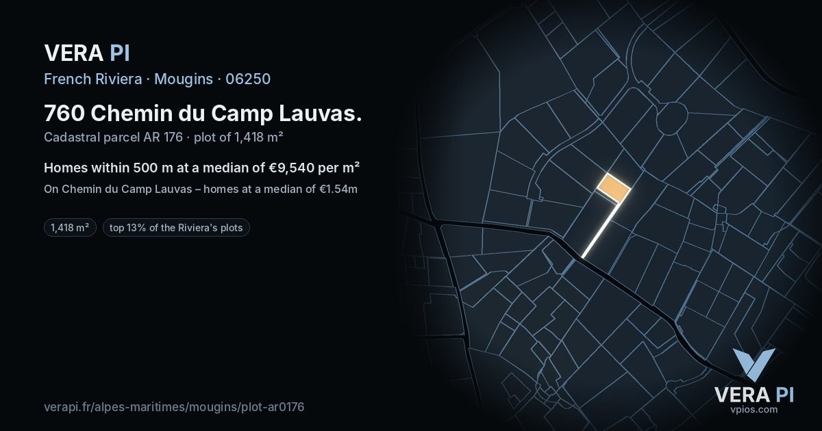 760 Chemin du Camp Lauvas, Mougins at night – the plot lit, the parcels around coloured by the prices near them