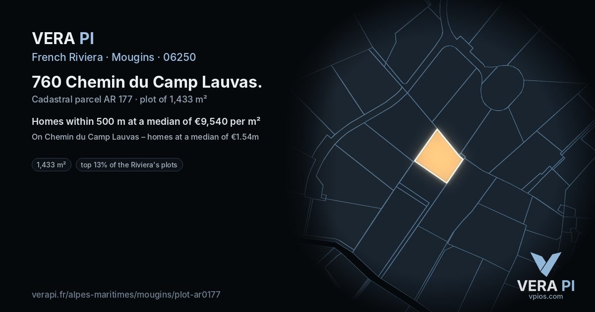 760 Chemin du Camp Lauvas, Mougins at night – the plot lit, the parcels around coloured by the prices near them