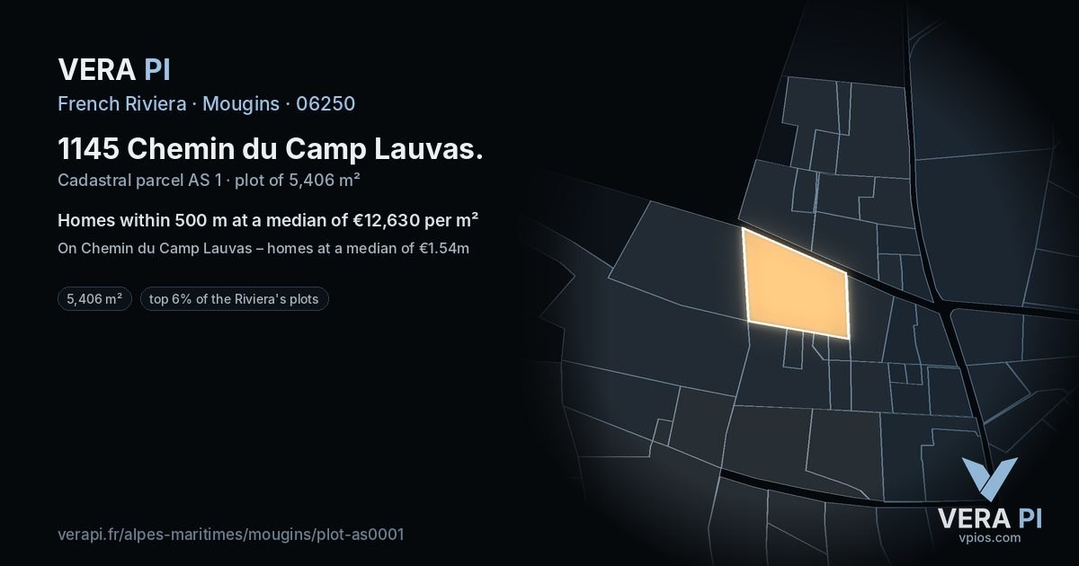 1145 Chemin du Camp Lauvas, Mougins at night – the plot lit, the parcels around coloured by the prices near them