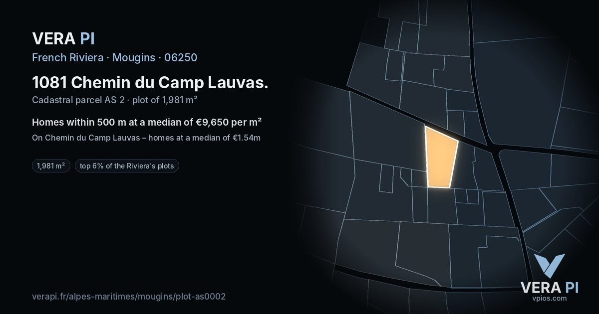 1081 Chemin du Camp Lauvas, Mougins at night – the plot lit, the parcels around coloured by the prices near them