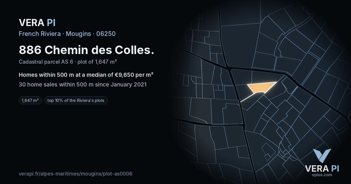 886 Chemin des Colles, Mougins at night – the plot lit, the parcels around coloured by the prices near them