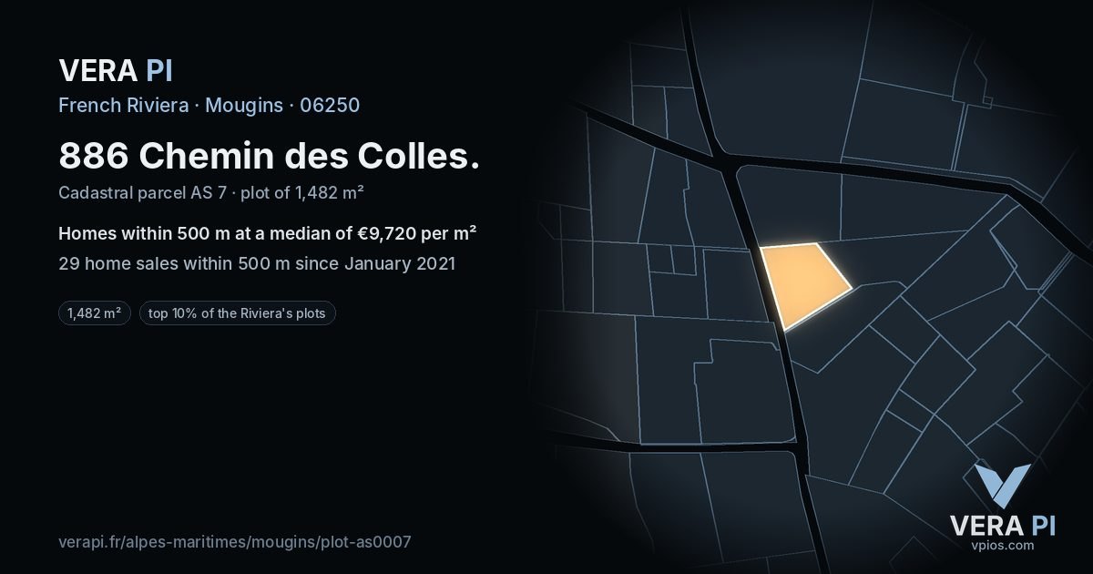 886 Chemin des Colles, Mougins at night – the plot lit, the parcels around coloured by the prices near them