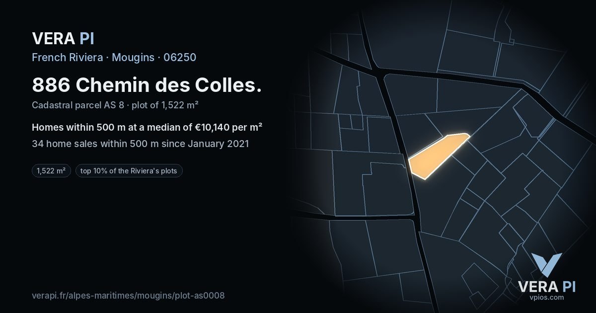 886 Chemin des Colles, Mougins at night – the plot lit, the parcels around coloured by the prices near them