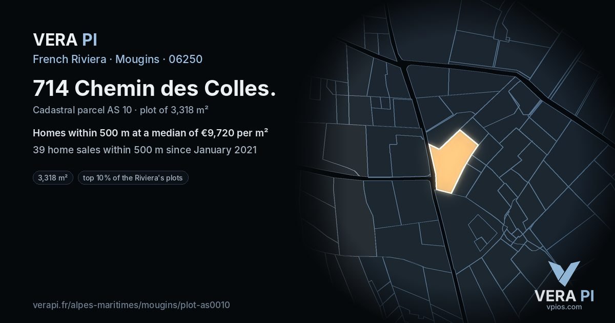 714 Chemin des Colles, Mougins at night – the plot lit, the parcels around coloured by the prices near them