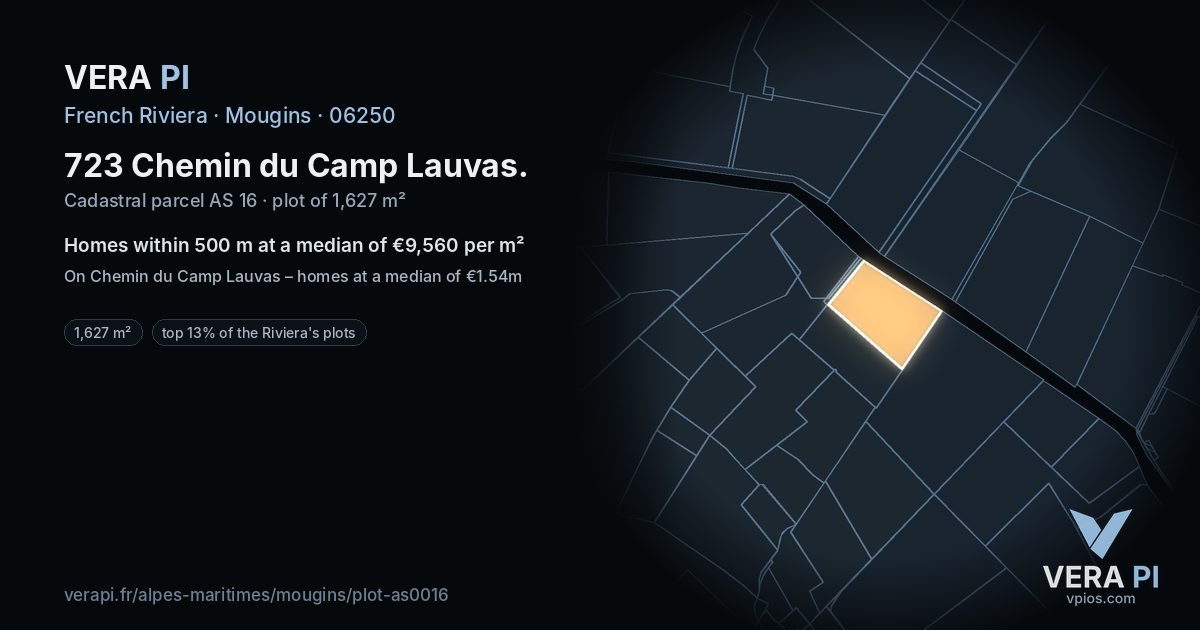 723 Chemin du Camp Lauvas, Mougins at night – the plot lit, the parcels around coloured by the prices near them