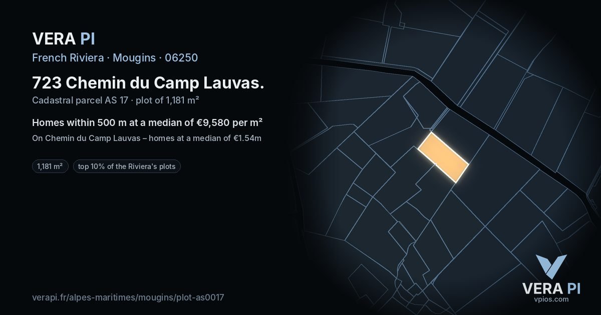 723 Chemin du Camp Lauvas, Mougins at night – the plot lit, the parcels around coloured by the prices near them