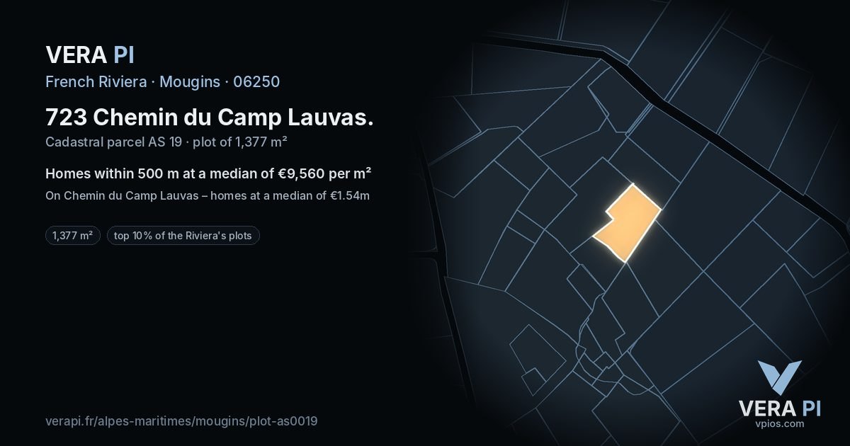 723 Chemin du Camp Lauvas, Mougins at night – the plot lit, the parcels around coloured by the prices near them