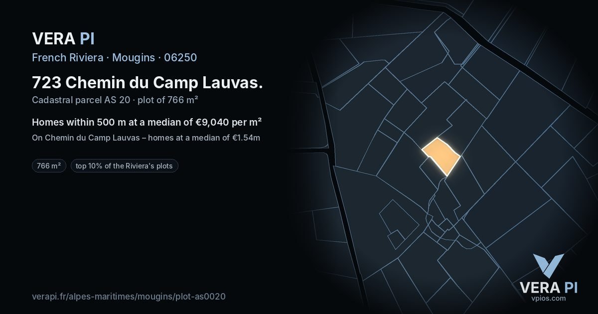 723 Chemin du Camp Lauvas, Mougins at night – the plot lit, the parcels around coloured by the prices near them