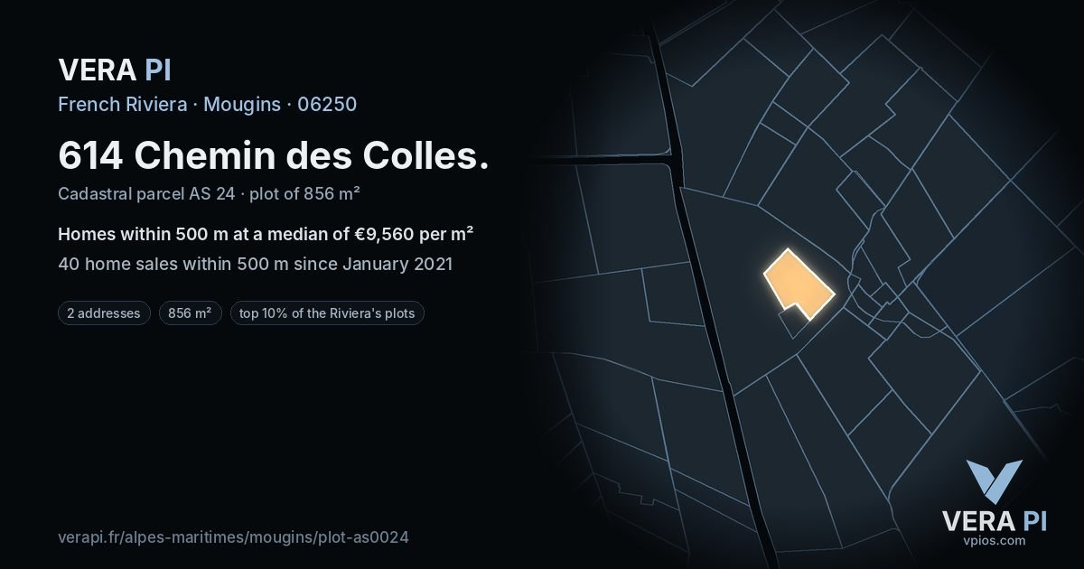 614 Chemin des Colles, Mougins at night – the plot lit, the parcels around coloured by the prices near them