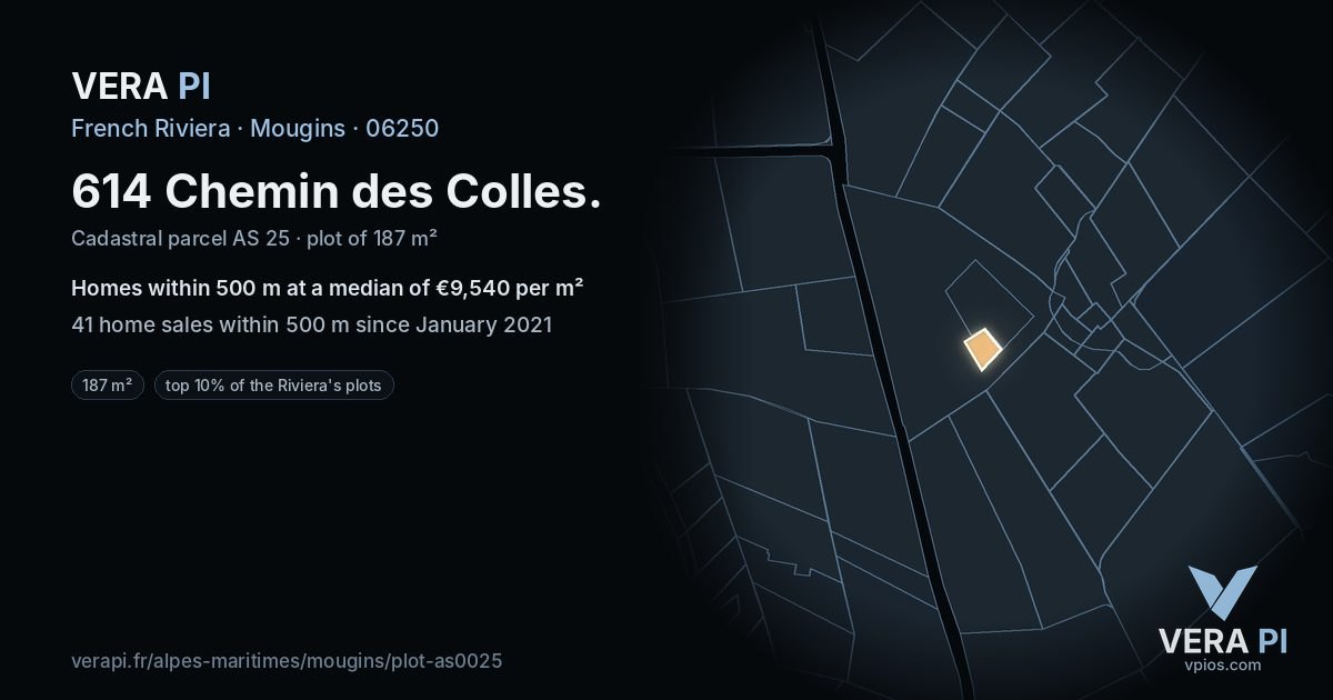 614 Chemin des Colles, Mougins at night – the plot lit, the parcels around coloured by the prices near them