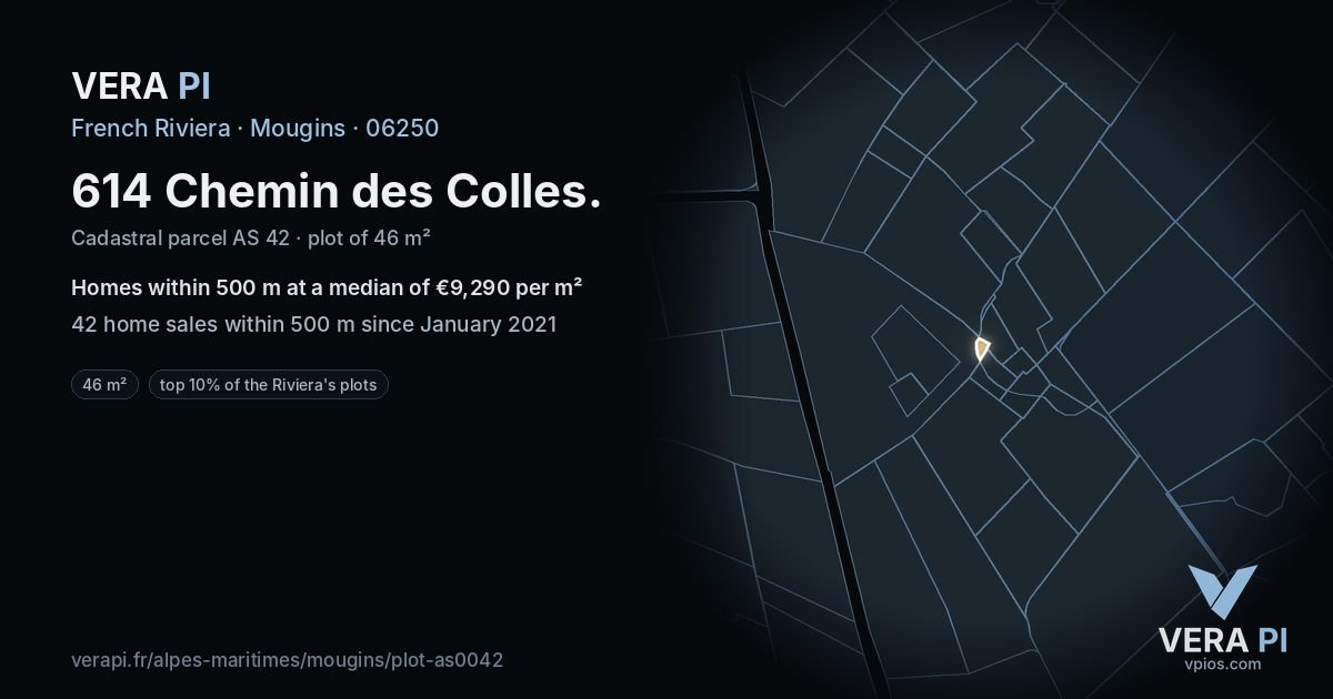 614 Chemin des Colles, Mougins at night – the plot lit, the parcels around coloured by the prices near them