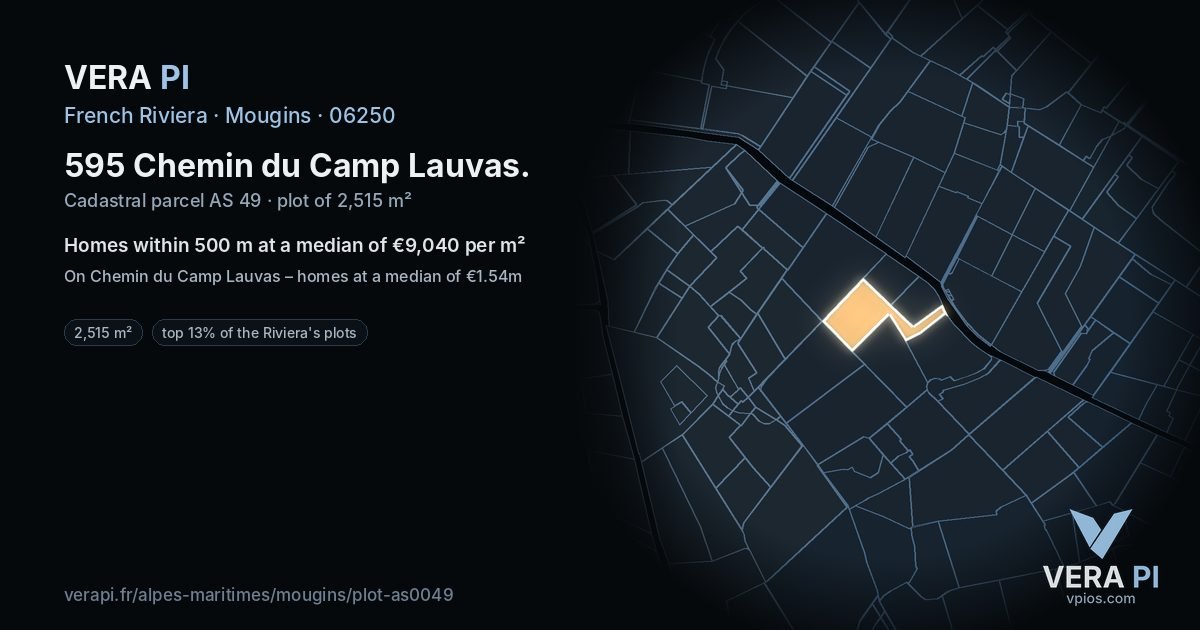 595 Chemin du Camp Lauvas, Mougins at night – the plot lit, the parcels around coloured by the prices near them