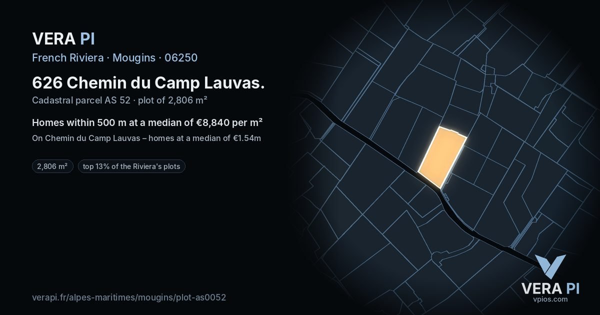 626 Chemin du Camp Lauvas, Mougins at night – the plot lit, the parcels around coloured by the prices near them