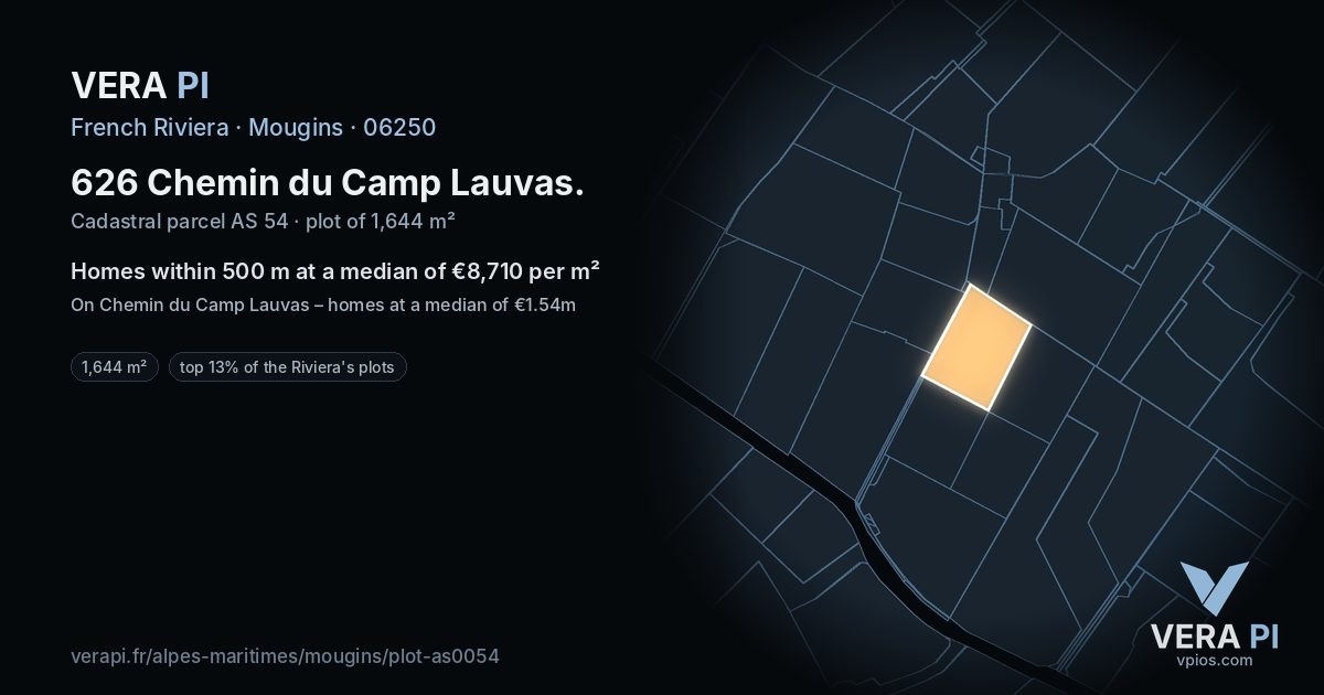 626 Chemin du Camp Lauvas, Mougins at night – the plot lit, the parcels around coloured by the prices near them