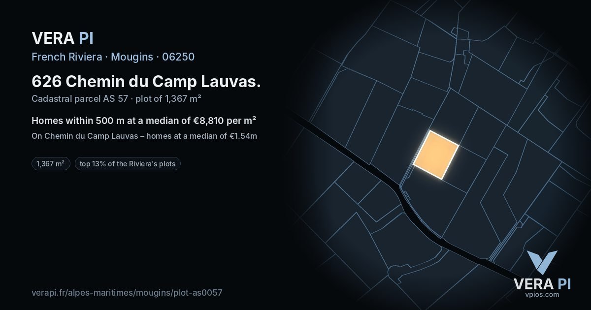 626 Chemin du Camp Lauvas, Mougins at night – the plot lit, the parcels around coloured by the prices near them