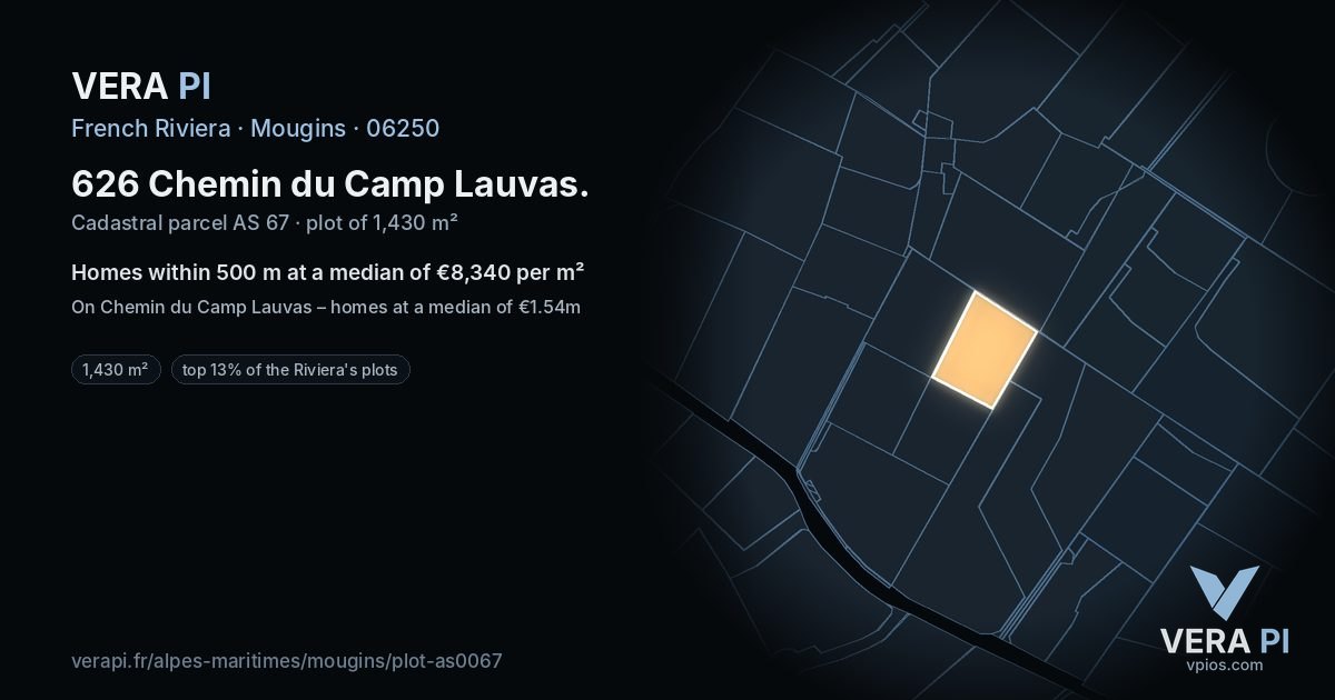626 Chemin du Camp Lauvas, Mougins at night – the plot lit, the parcels around coloured by the prices near them