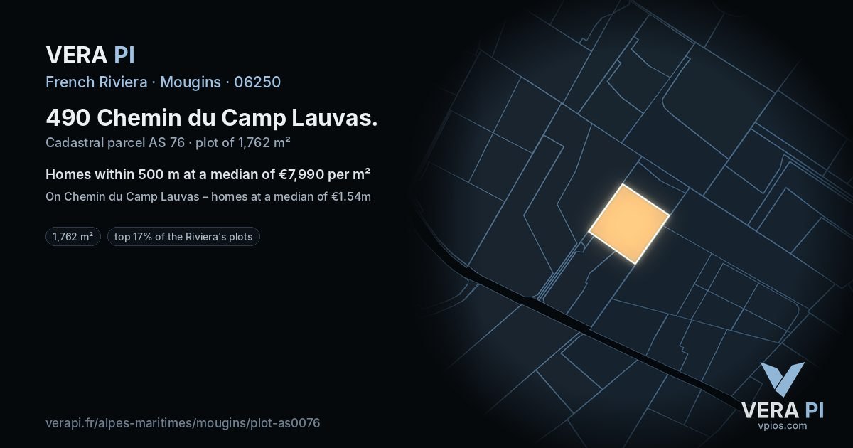 490 Chemin du Camp Lauvas, Mougins at night – the plot lit, the parcels around coloured by the prices near them