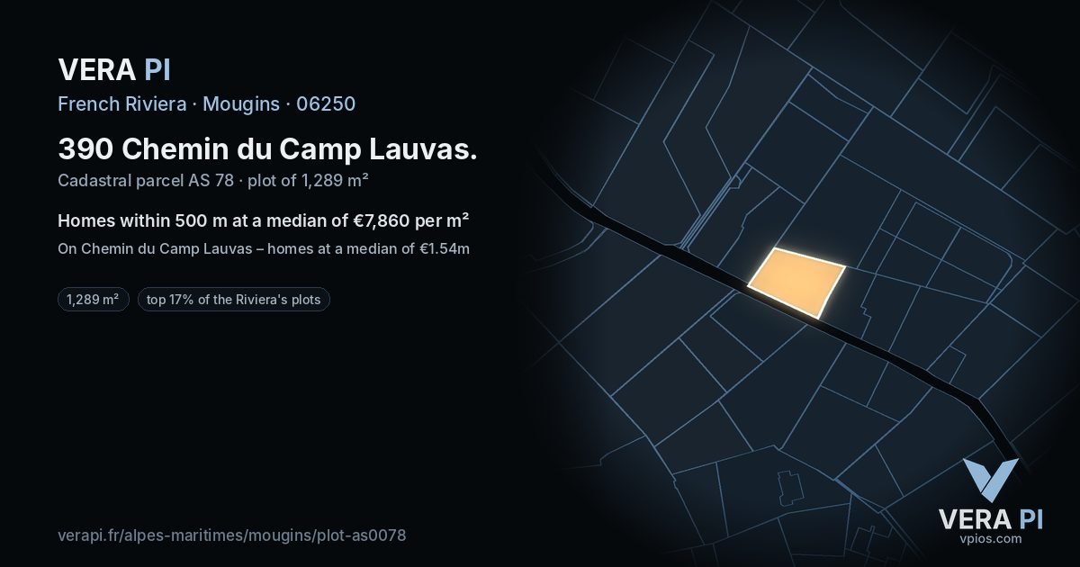 390 Chemin du Camp Lauvas, Mougins at night – the plot lit, the parcels around coloured by the prices near them