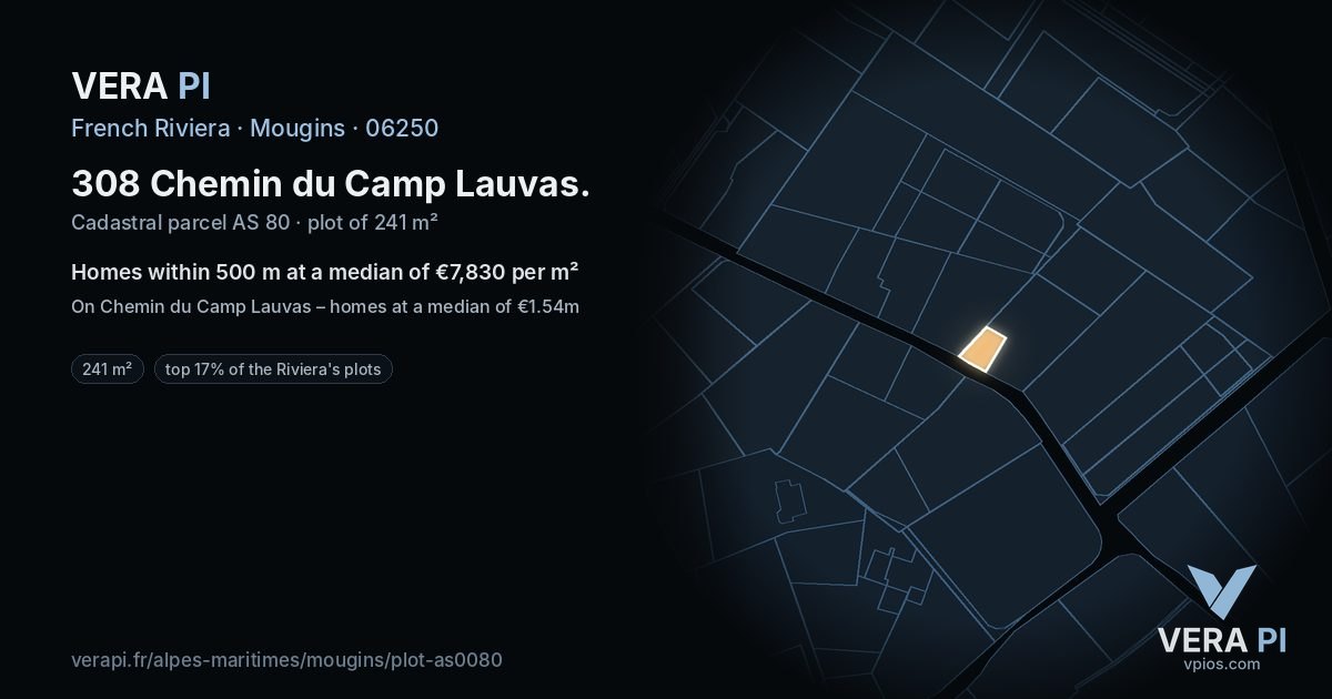 308 Chemin du Camp Lauvas, Mougins at night – the plot lit, the parcels around coloured by the prices near them