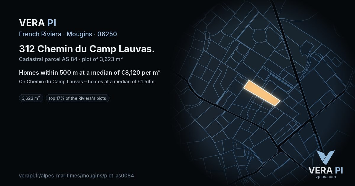 312 Chemin du Camp Lauvas, Mougins at night – the plot lit, the parcels around coloured by the prices near them