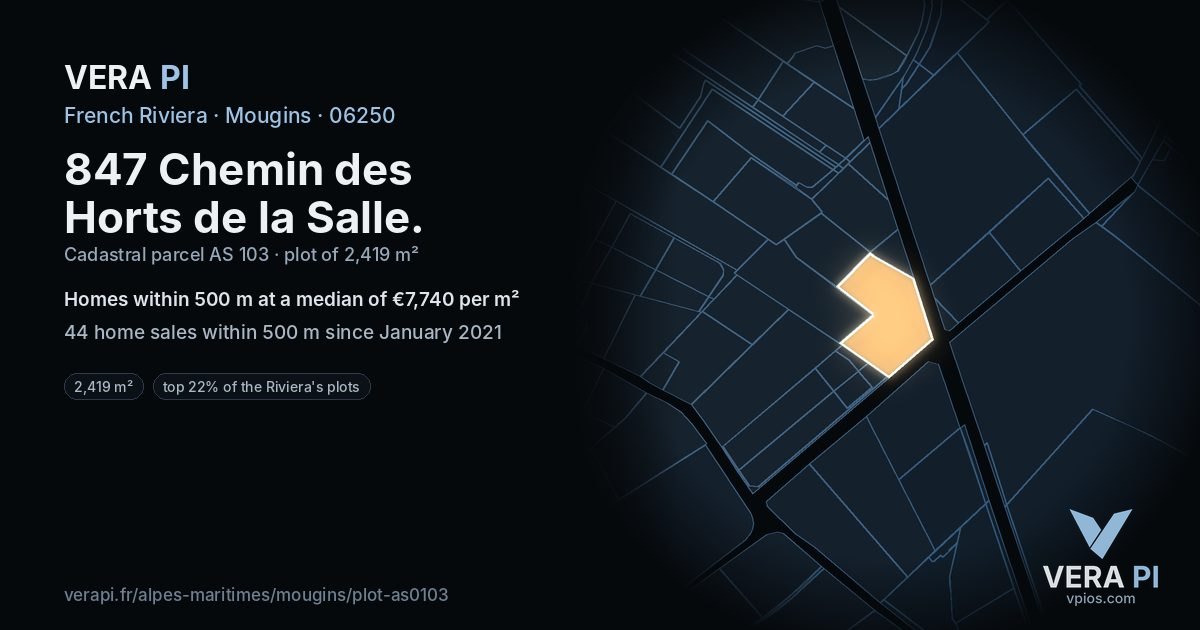 847 Chemin des Horts de la Salle, Mougins at night – the plot lit, the parcels around coloured by the prices near them