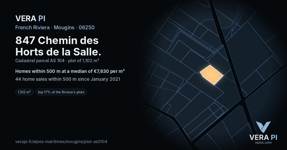 847 Chemin des Horts de la Salle, Mougins at night – the plot lit, the parcels around coloured by the prices near them