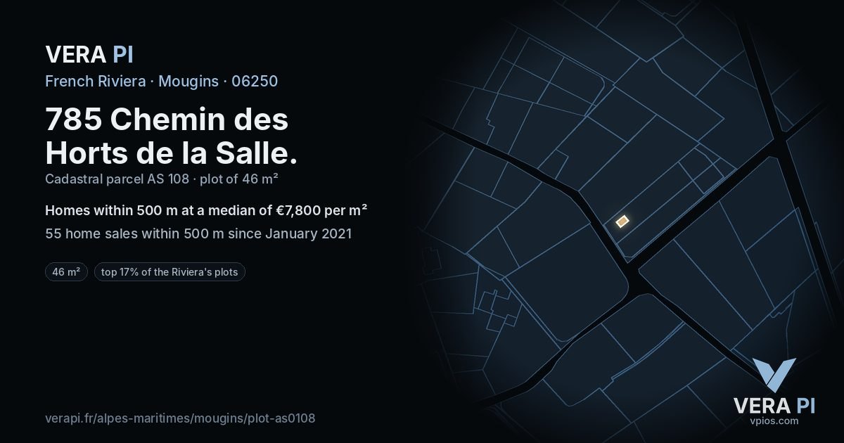 785 Chemin des Horts de la Salle, Mougins at night – the plot lit, the parcels around coloured by the prices near them
