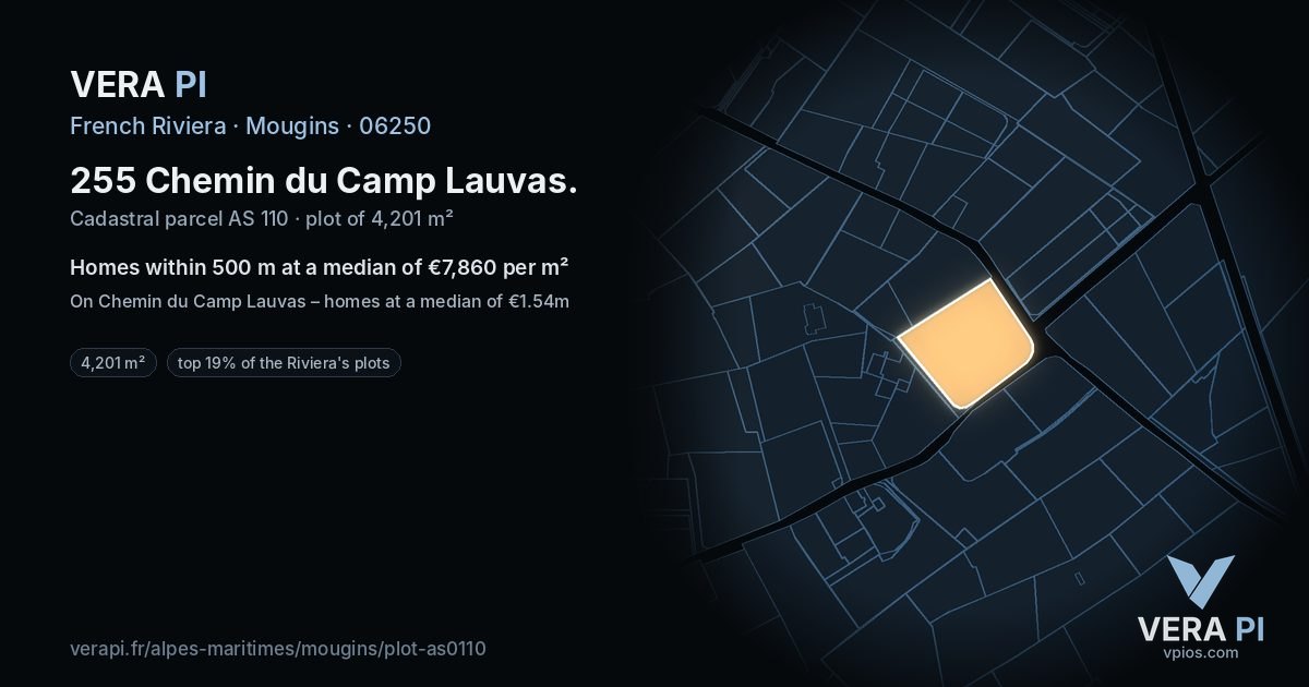255 Chemin du Camp Lauvas, Mougins at night – the plot lit, the parcels around coloured by the prices near them