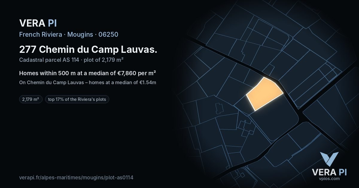 277 Chemin du Camp Lauvas, Mougins at night – the plot lit, the parcels around coloured by the prices near them
