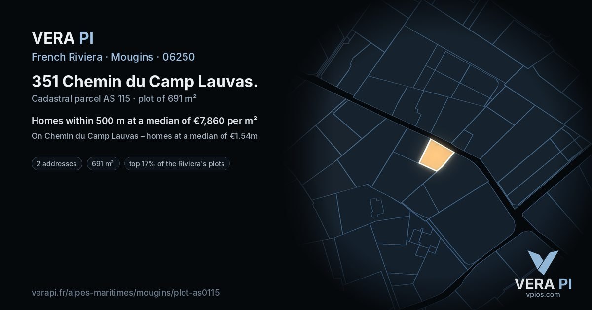 351 Chemin du Camp Lauvas, Mougins at night – the plot lit, the parcels around coloured by the prices near them