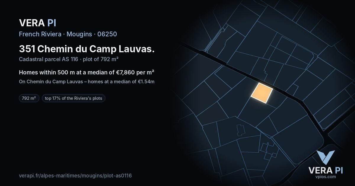 351 Chemin du Camp Lauvas, Mougins at night – the plot lit, the parcels around coloured by the prices near them