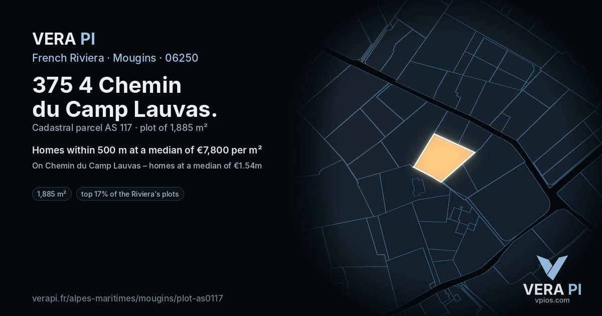 375 4 Chemin du Camp Lauvas, Mougins at night – the plot lit, the parcels around coloured by the prices near them