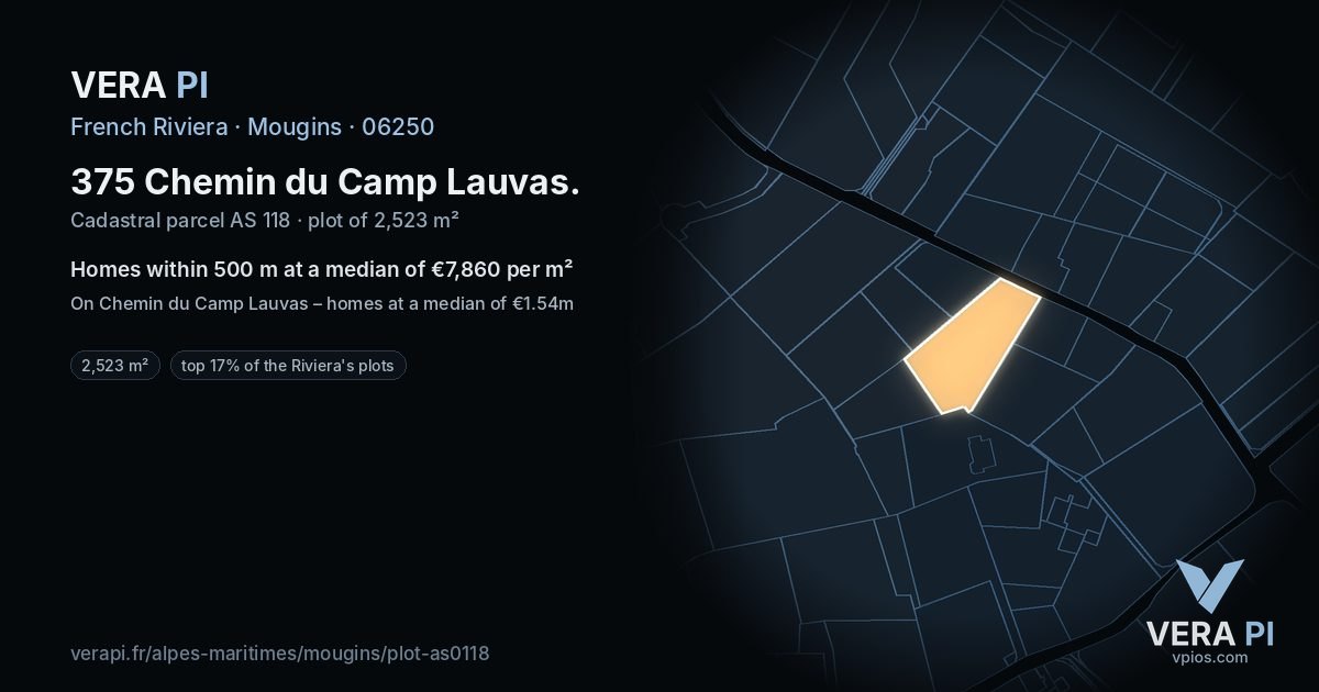 375 Chemin du Camp Lauvas, Mougins at night – the plot lit, the parcels around coloured by the prices near them