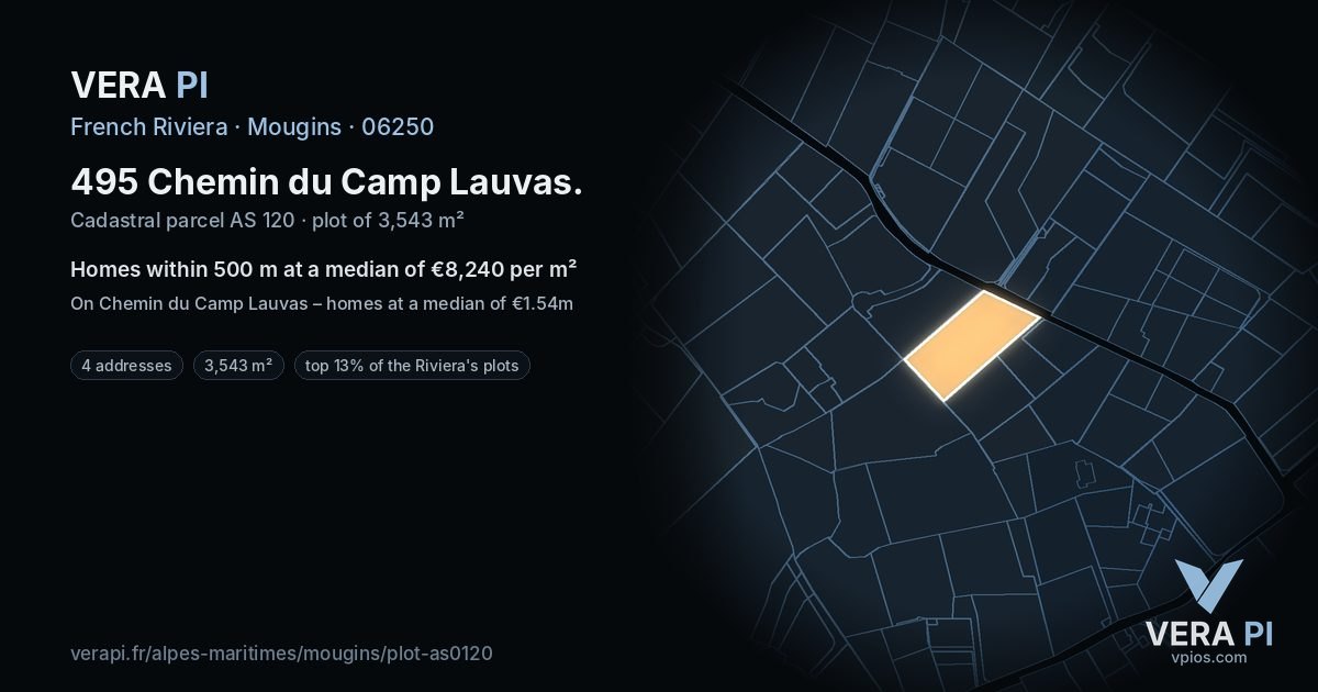495 Chemin du Camp Lauvas, Mougins at night – the plot lit, the parcels around coloured by the prices near them