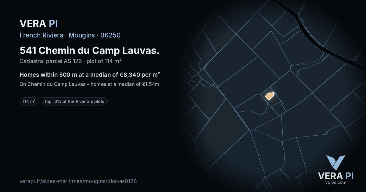 541 Chemin du Camp Lauvas, Mougins at night – the plot lit, the parcels around coloured by the prices near them