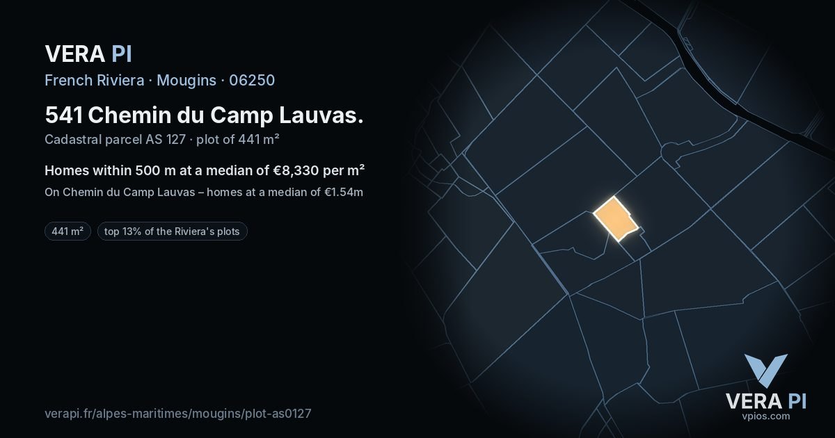 541 Chemin du Camp Lauvas, Mougins at night – the plot lit, the parcels around coloured by the prices near them