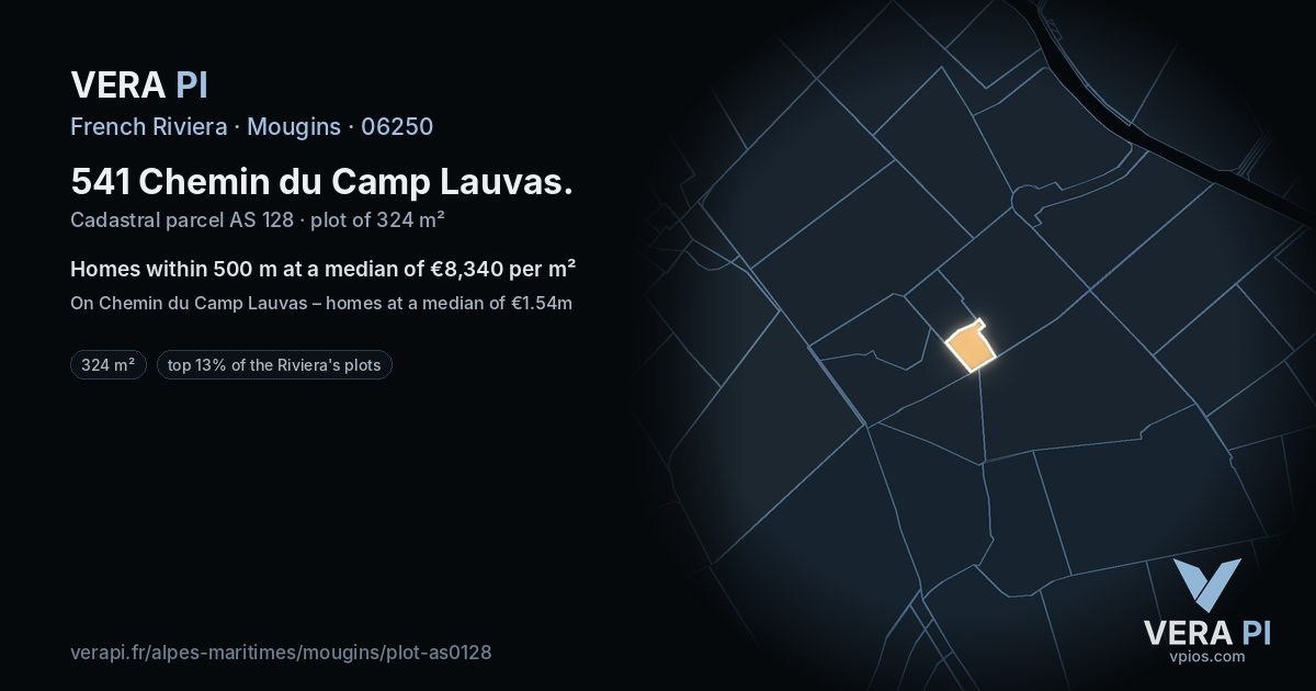 541 Chemin du Camp Lauvas, Mougins at night – the plot lit, the parcels around coloured by the prices near them
