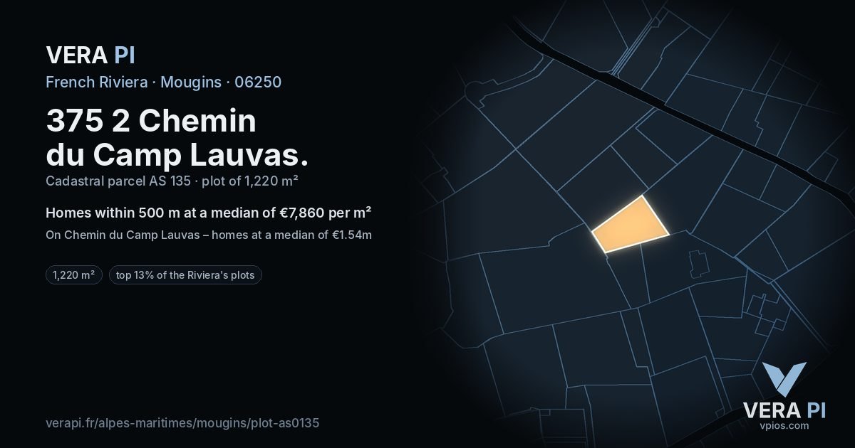 375 2 Chemin du Camp Lauvas, Mougins at night – the plot lit, the parcels around coloured by the prices near them