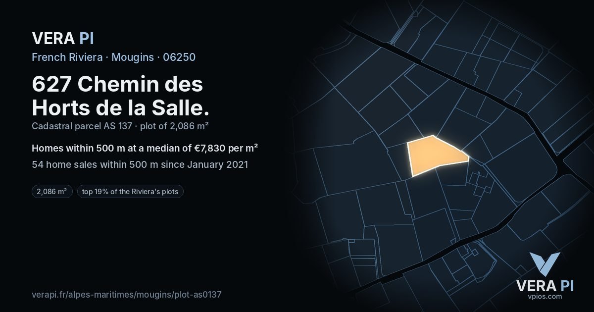 627 Chemin des Horts de la Salle, Mougins at night – the plot lit, the parcels around coloured by the prices near them
